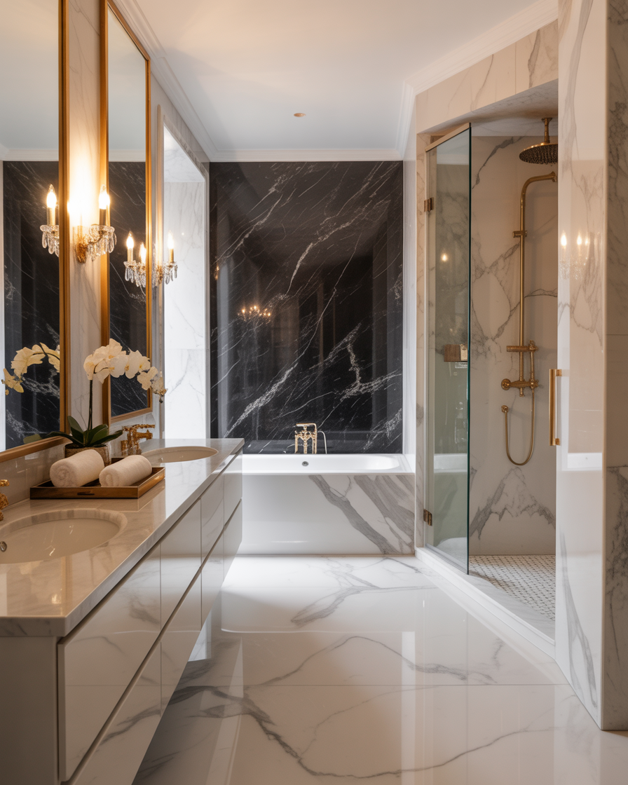 Luxury marble bathroom with gold fixtures and elegant bathtub.