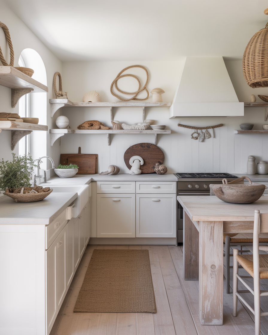 A coastal-inspired kitchen featuring white cabinets and driftwood accents, perfect for a beachy and relaxed vibe.