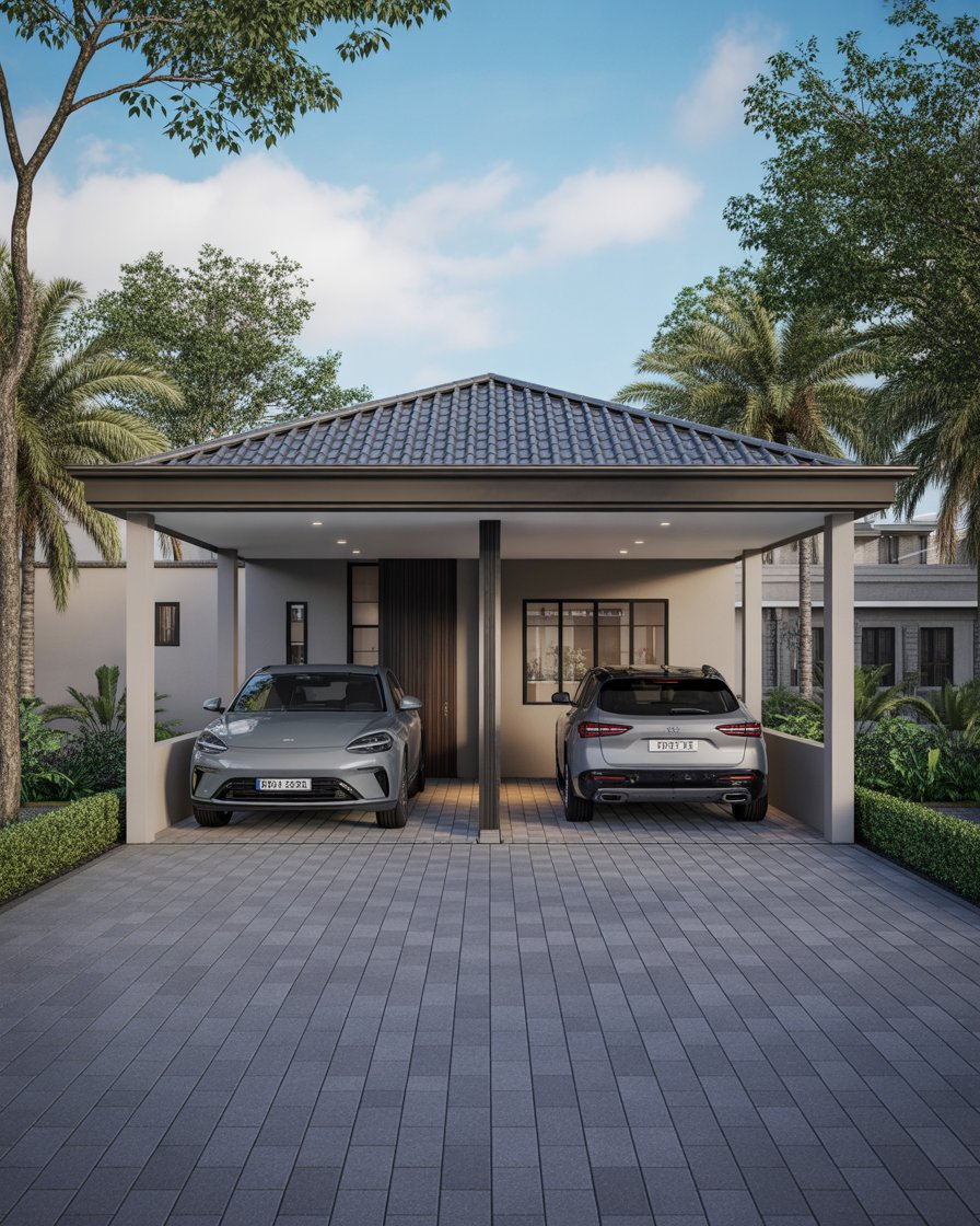 Double car porch with wide roofing and elegant layout.