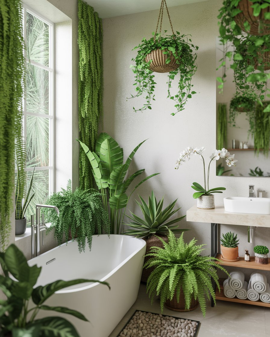 Bathroom with hanging plants and natural green décor.
