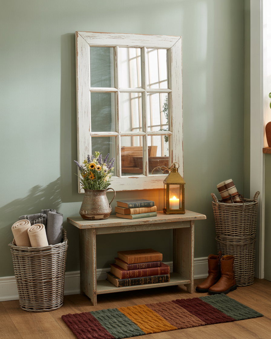 Antique windowpane mirror styled in a rustic entryway.