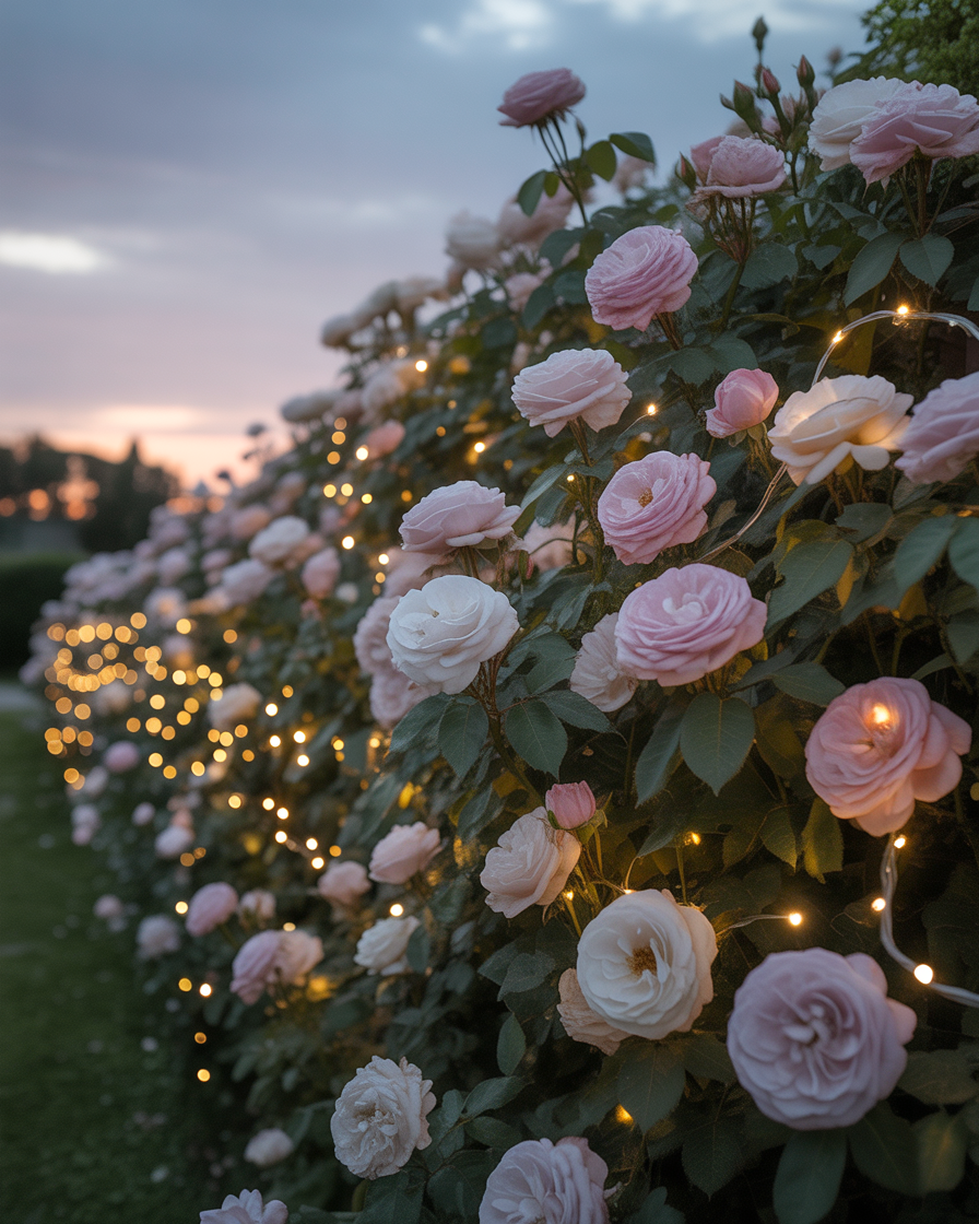Rose vines flying through twinkling fairy lights.