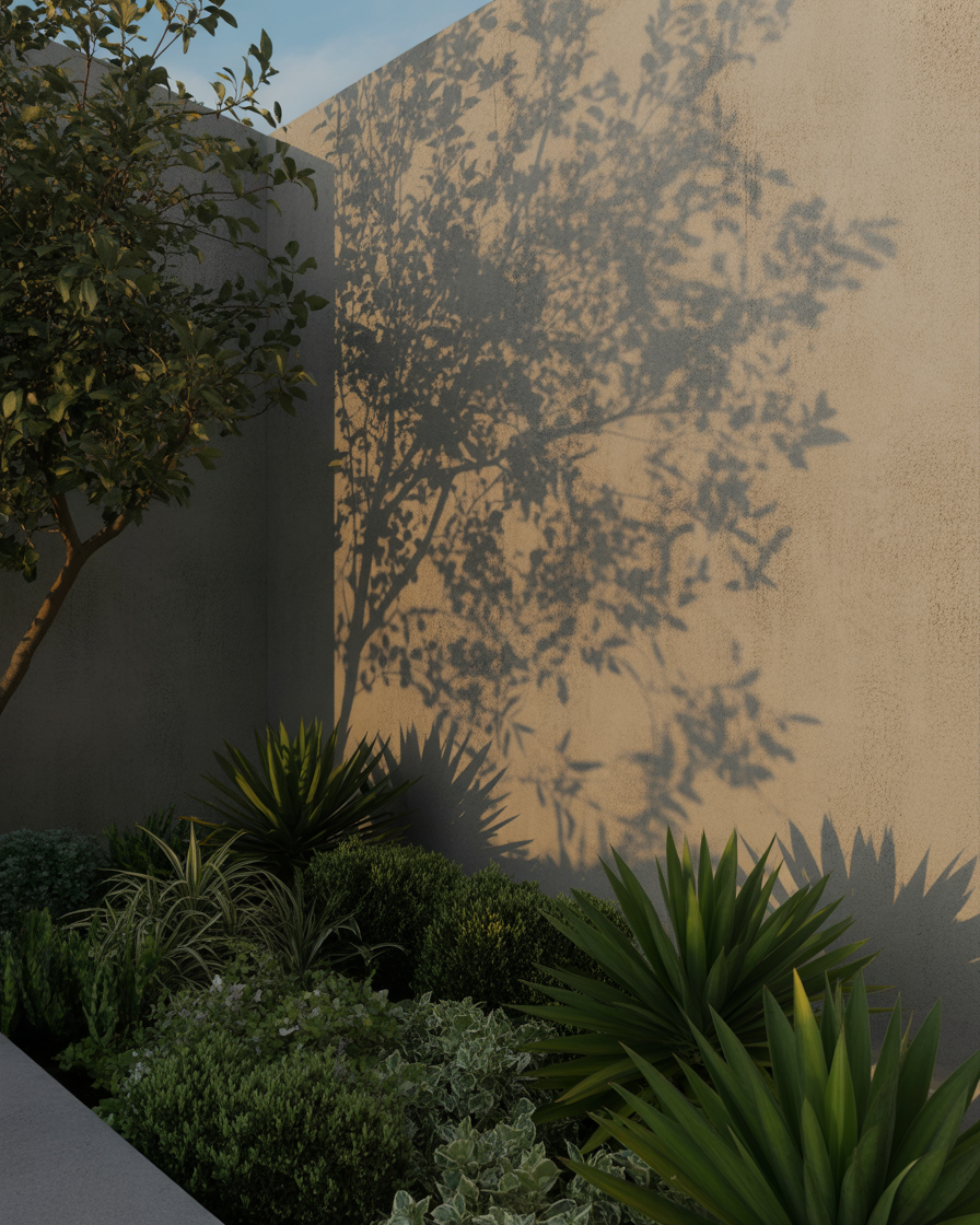 Light projection of foliage pattern onto garden wall.