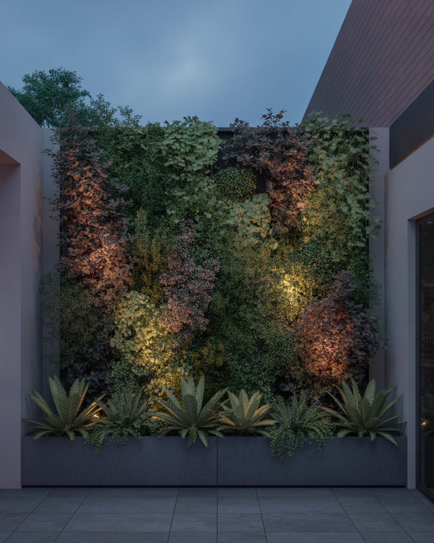 Green living wall bathed in colored LED washes.