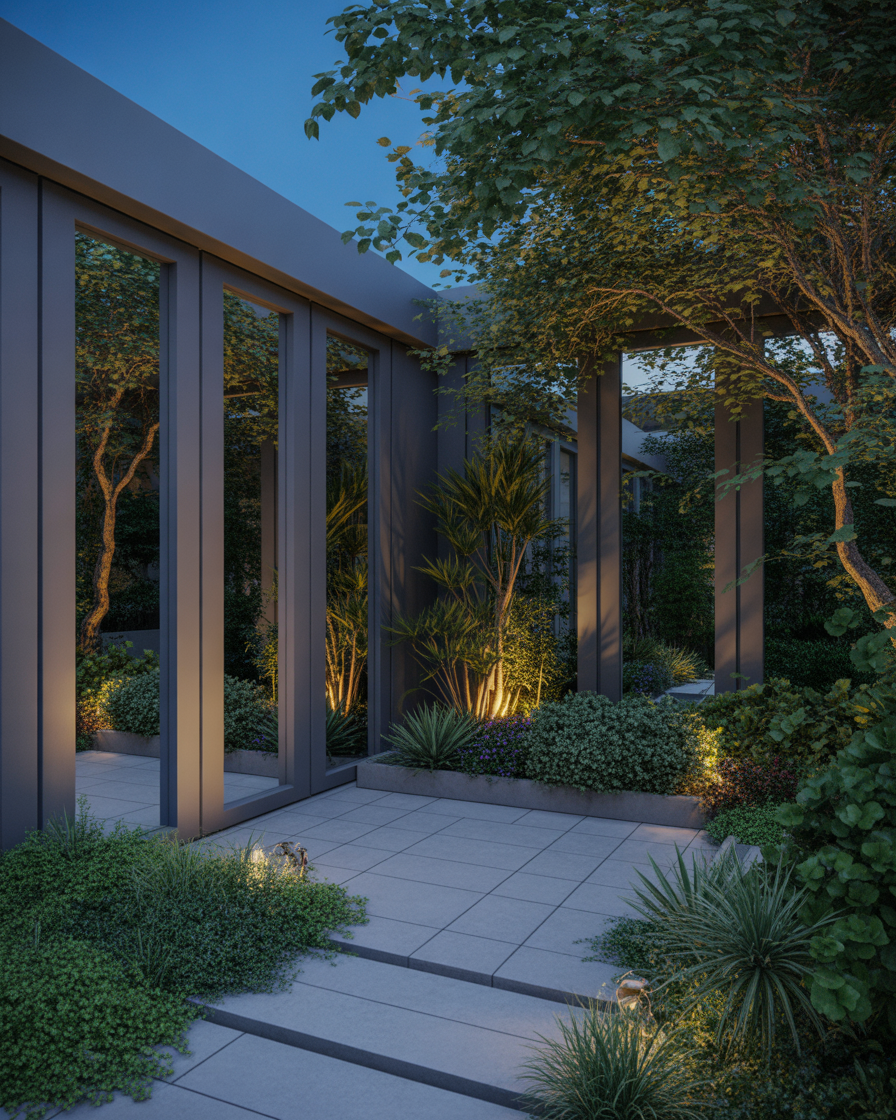 Reflective garden wall panels lit from below.