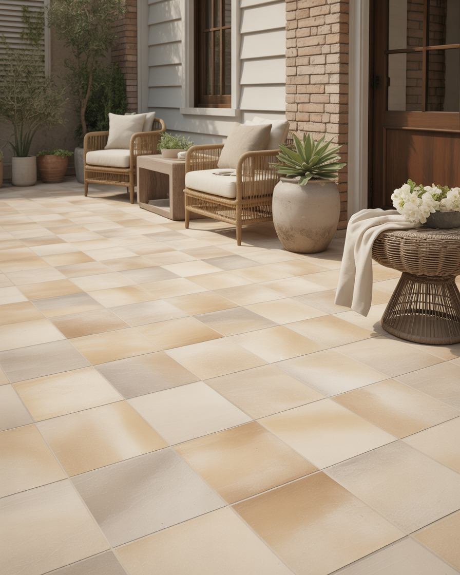  Neutral sandstone tile porch with natural texture.
