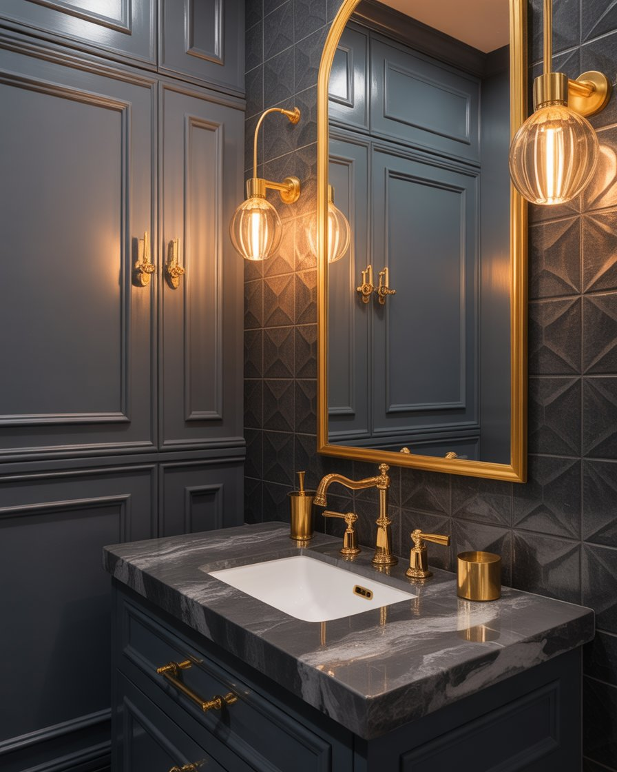 A luxurious bathroom with grey walls and gold hardware, including faucets and handles.