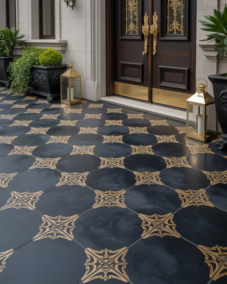 Black tiles with gold pattern porch flooring.