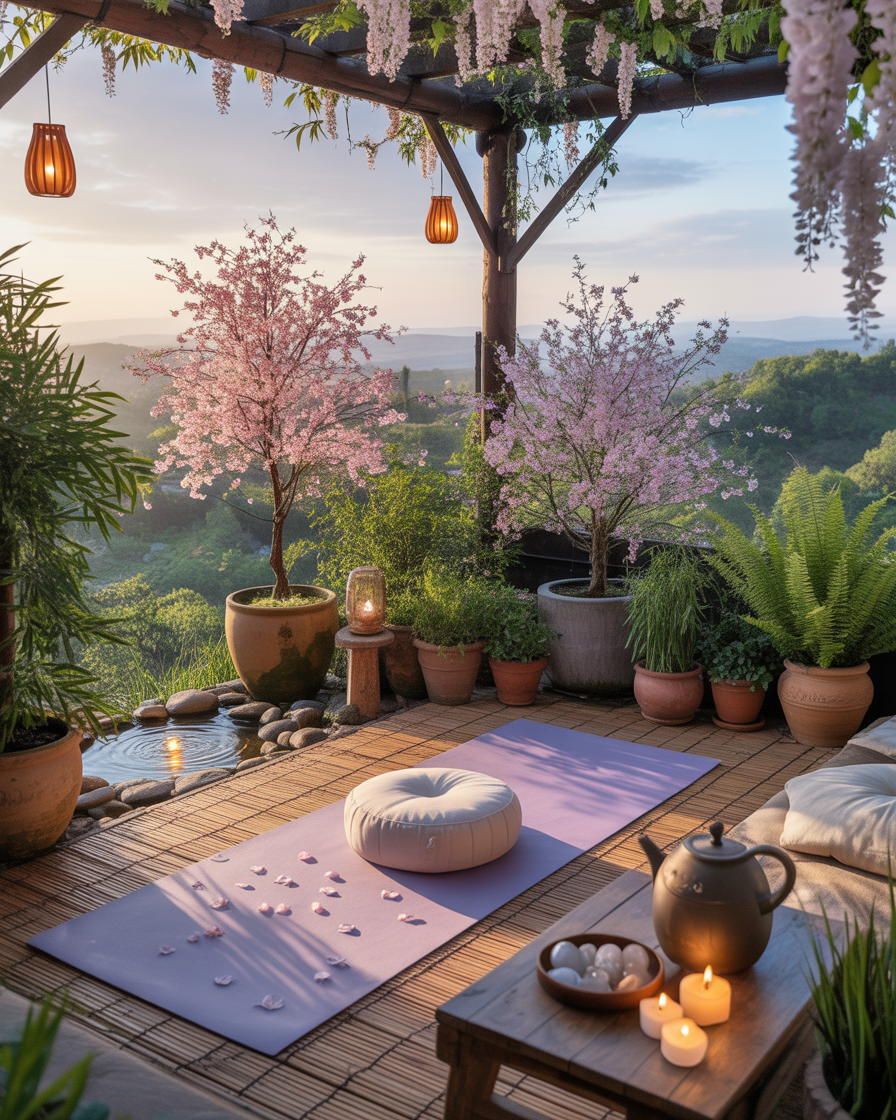 Outdoor yoga space on a terrace with mats, plants, and natural sunlight for a peaceful Zen practice.