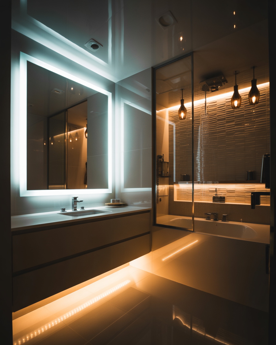 Bathroom with LED mirror lighting and glowing under-sink lights.