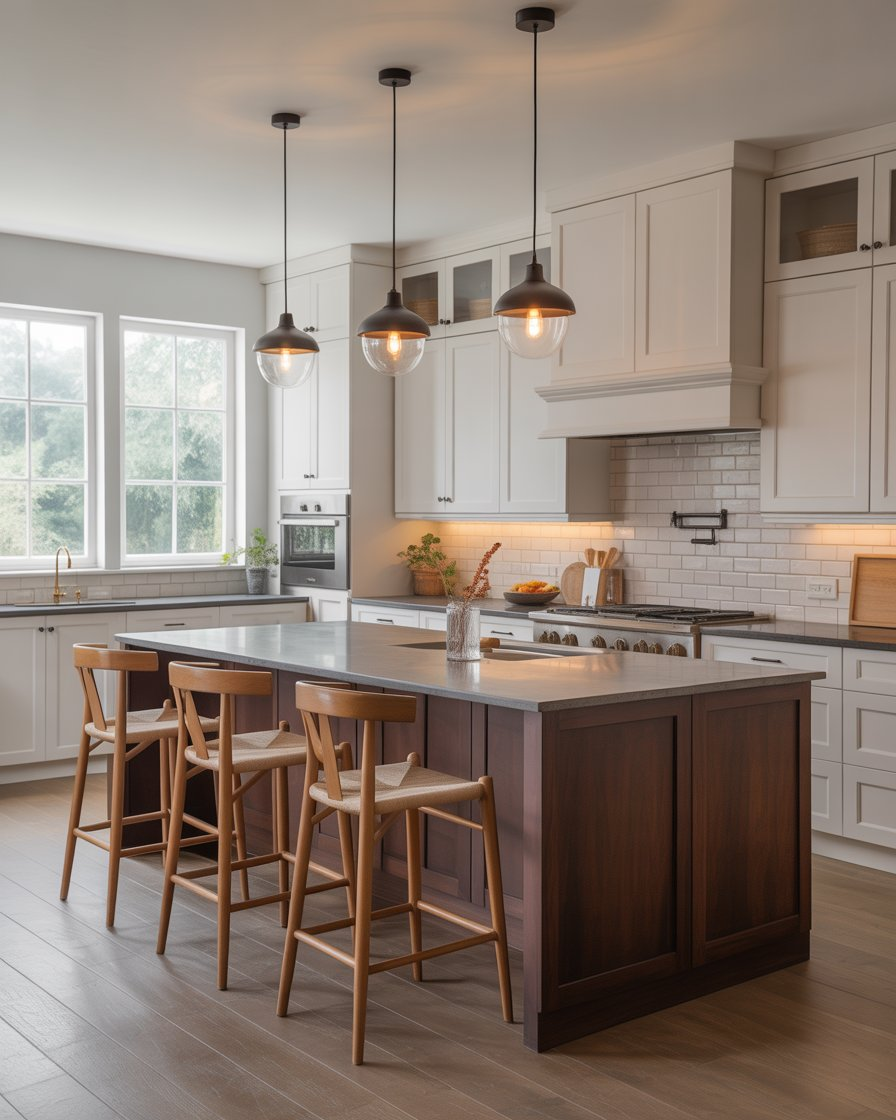 White kitchen with a striking dark brown island.