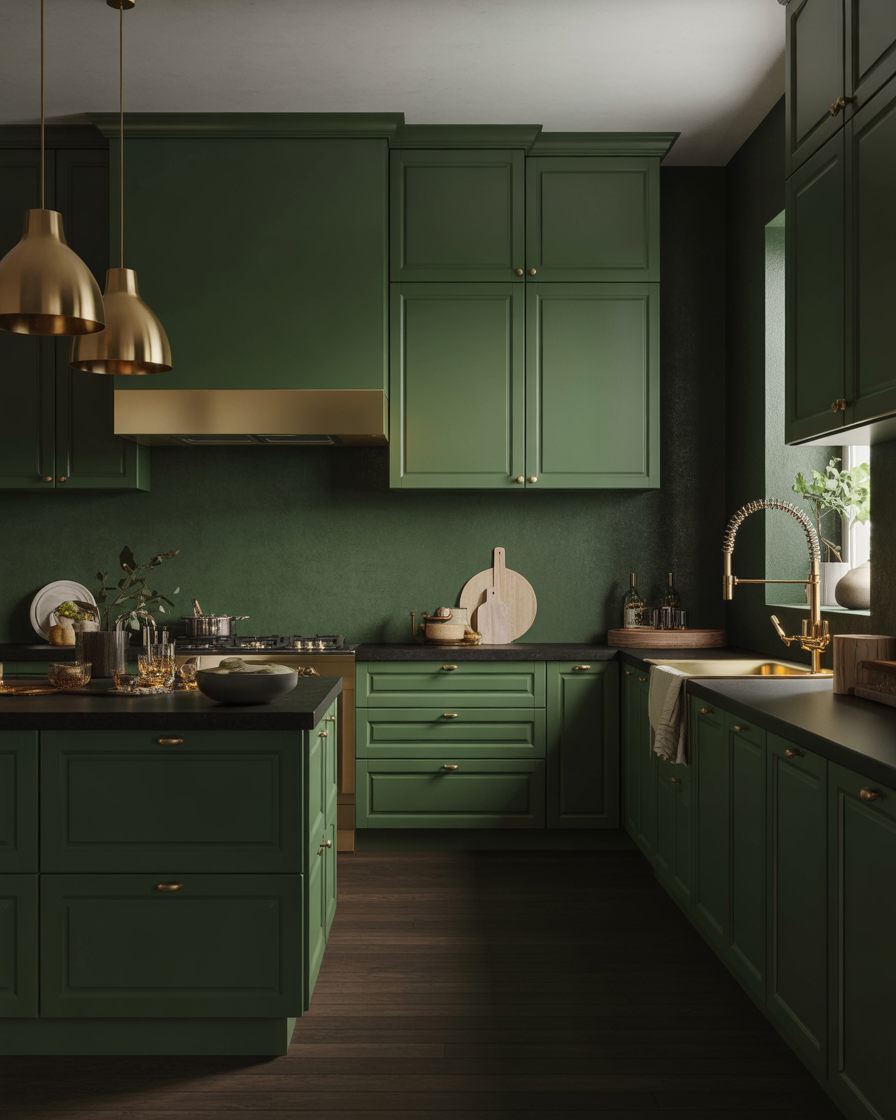 A luxurious kitchen with forest green cabinets and brass accents, featuring a large kitchen island.