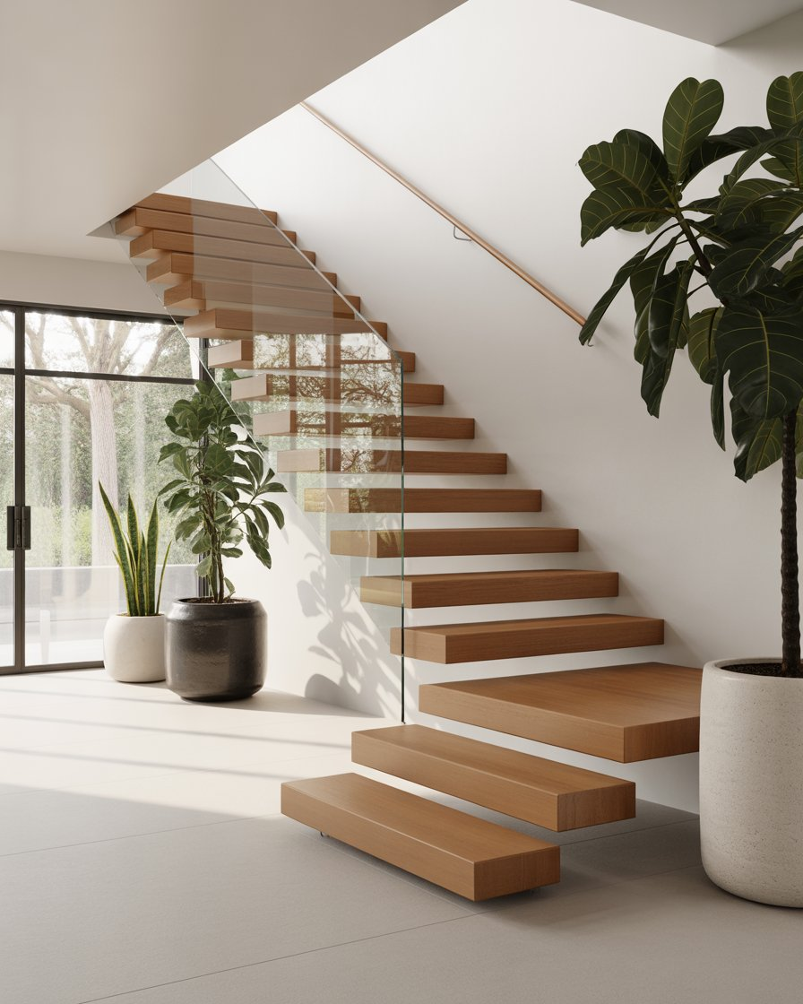 Floating wood stairs with glass railing and greenery.