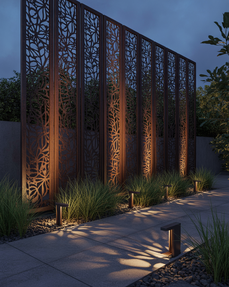 Metal decorative screen garden wall lit from below, casting patterned shadows.