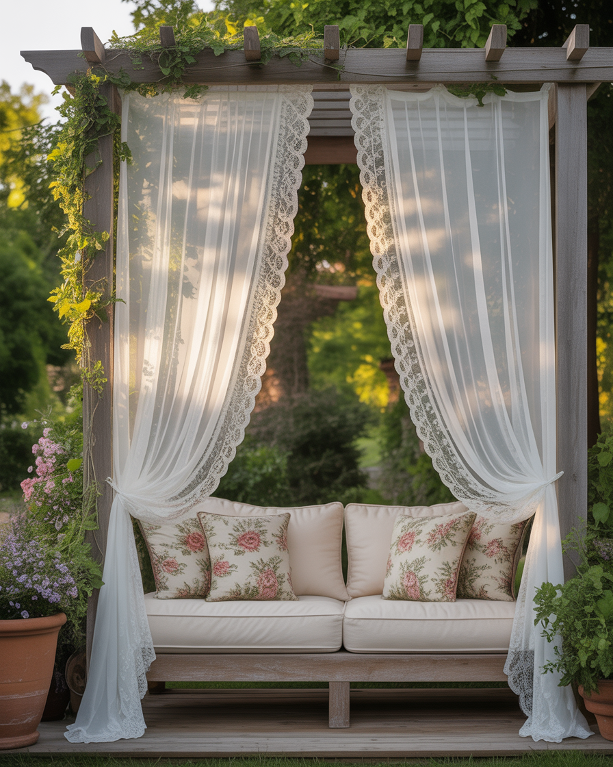  Outdoor pergola with flowing lace curtains and floral cushions, romantic vintage garden setting.