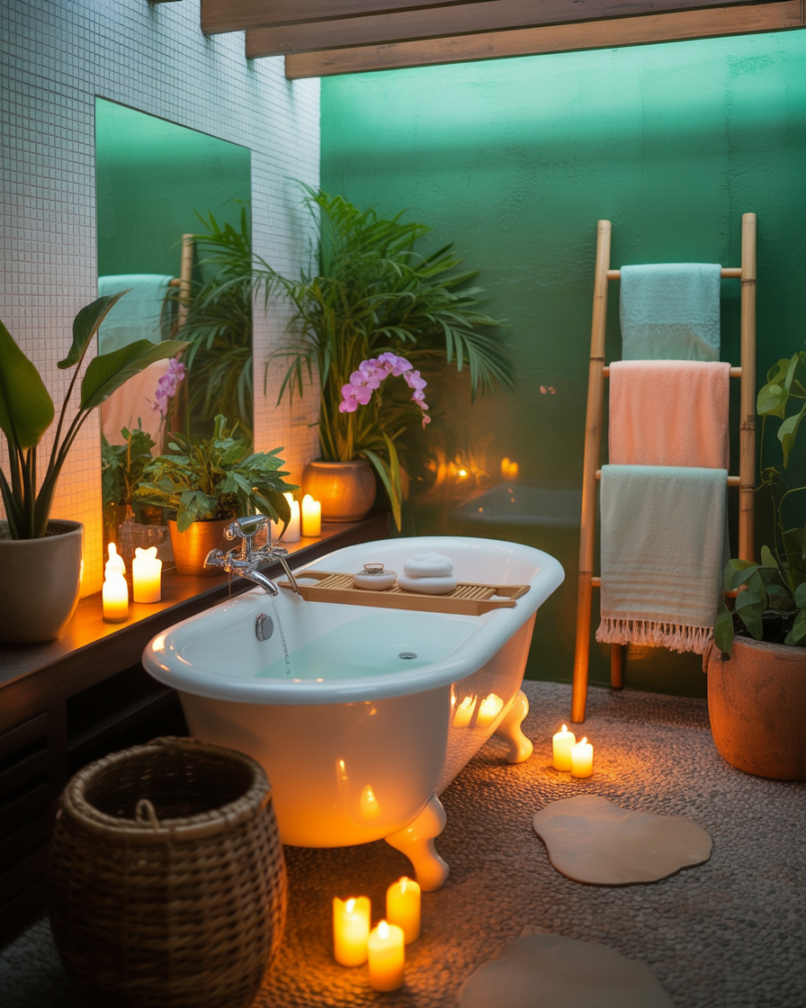 Spa-inspired bathroom with freestanding bathtub, candles, and greenery.