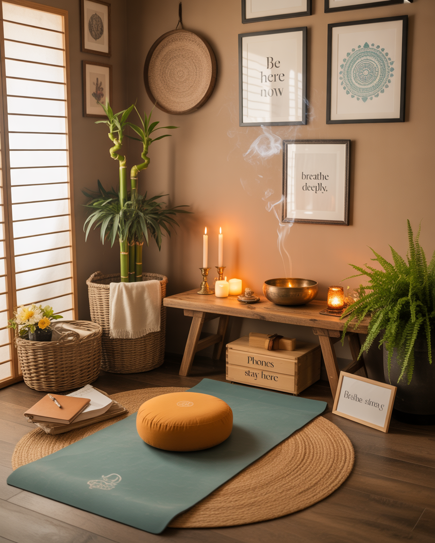 Tech-free Zen yoga space without gadgets, promoting mindfulness and uninterrupted meditation.