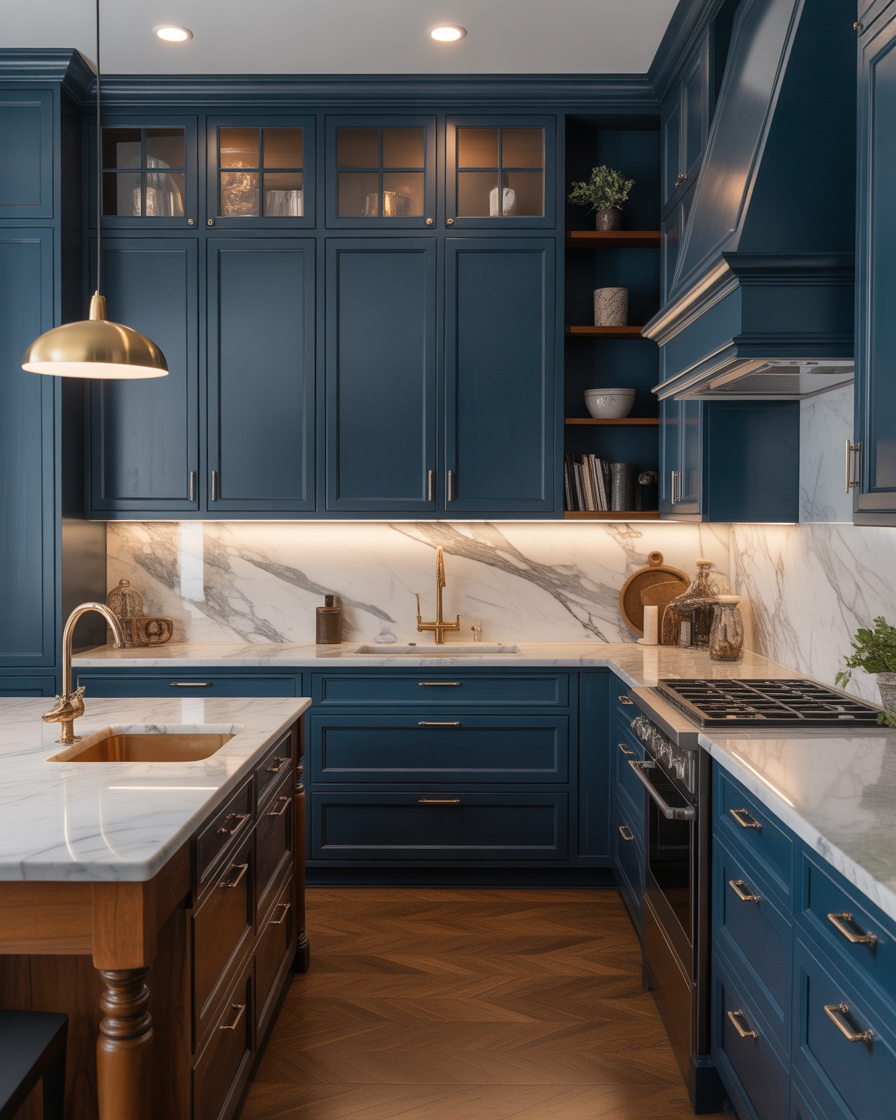 A luxurious kitchen with dark blue cabinets and a marble countertop.