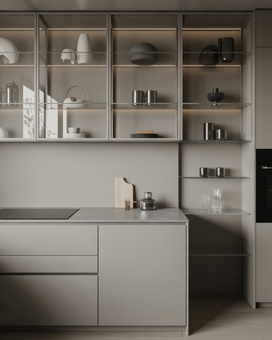  A contemporary kitchen with gray cabinets and glass shelves for an open, airy look.