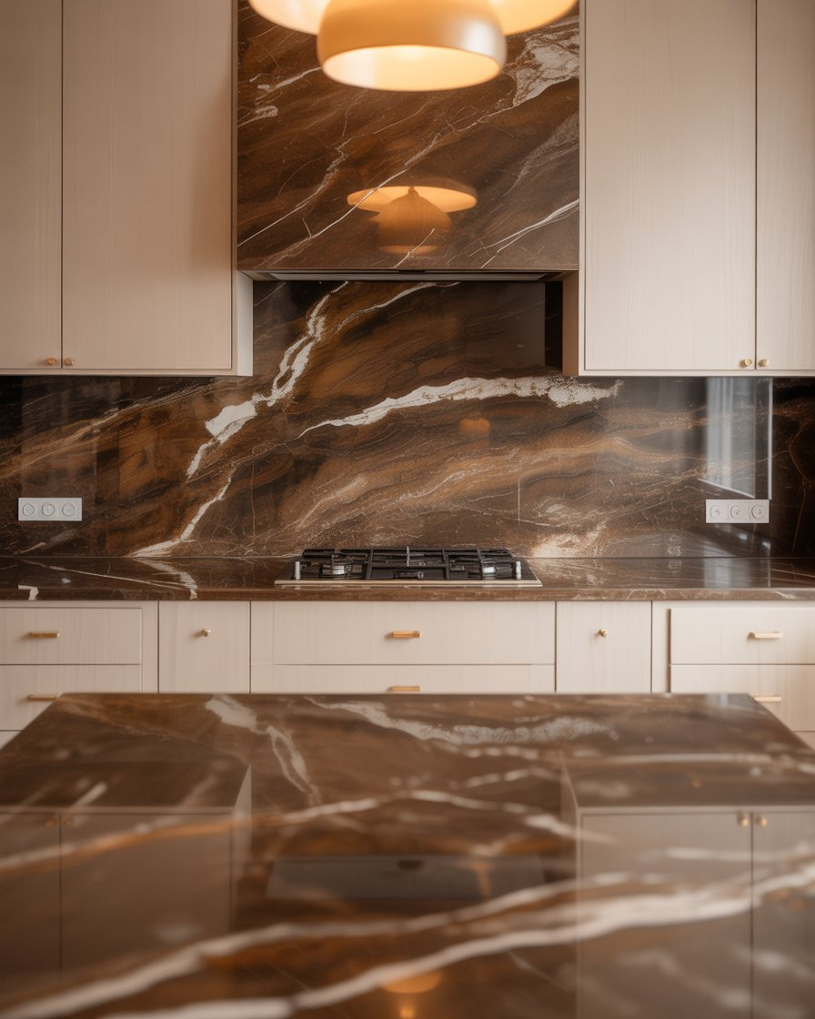 Luxury kitchen with brown marble counters and cream cabinetry.