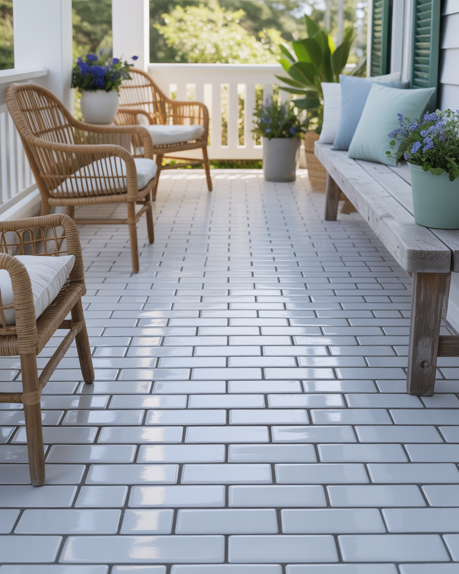White subway tile porch floor with light grout.