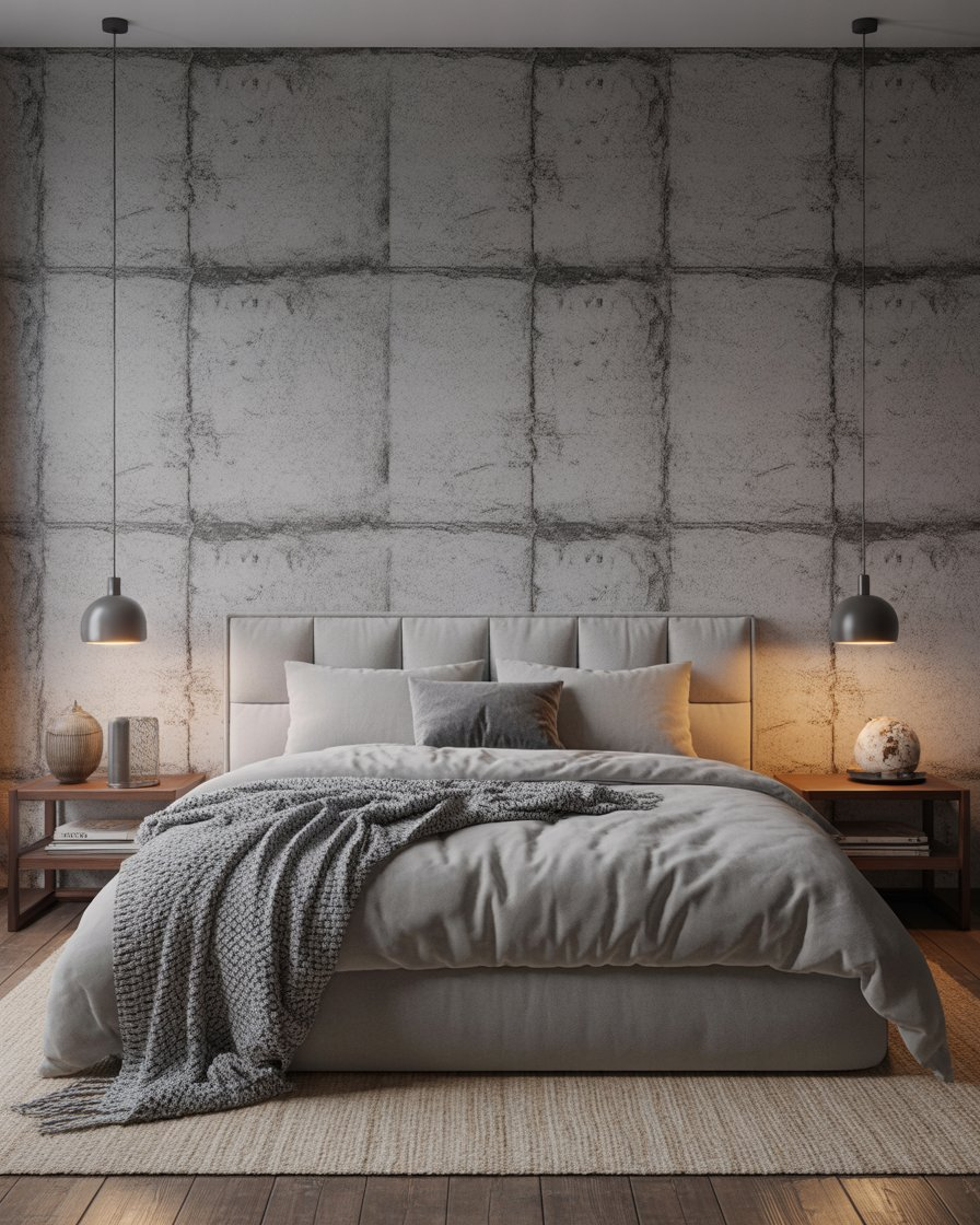 Concrete effect wallpaper accent wall in an industrial-style bedroom.