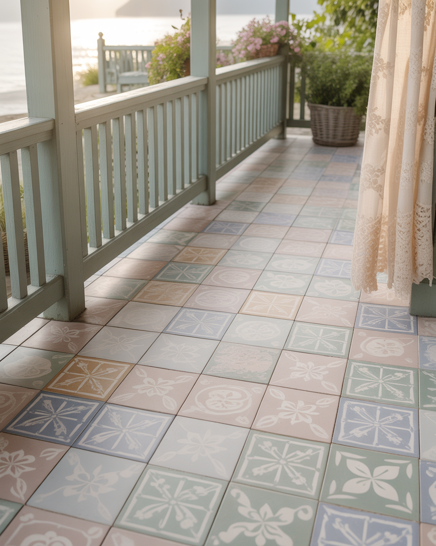  Pastel patterned cement tile porch with white trim.