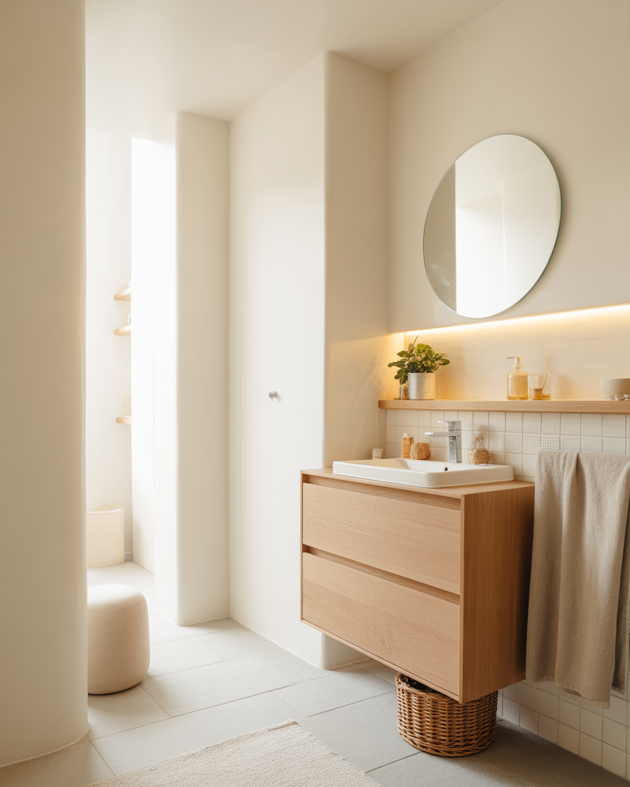 Scandinavian bathroom with light wood vanity and neutral décor.