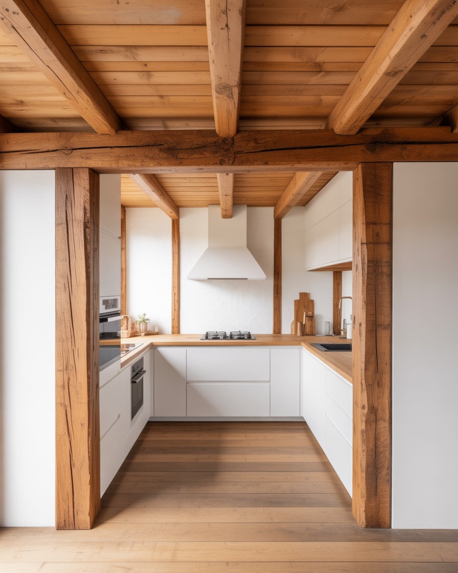 A rustic-chic kitchen with exposed wooden beams and white walls, creating a warm and inviting space.