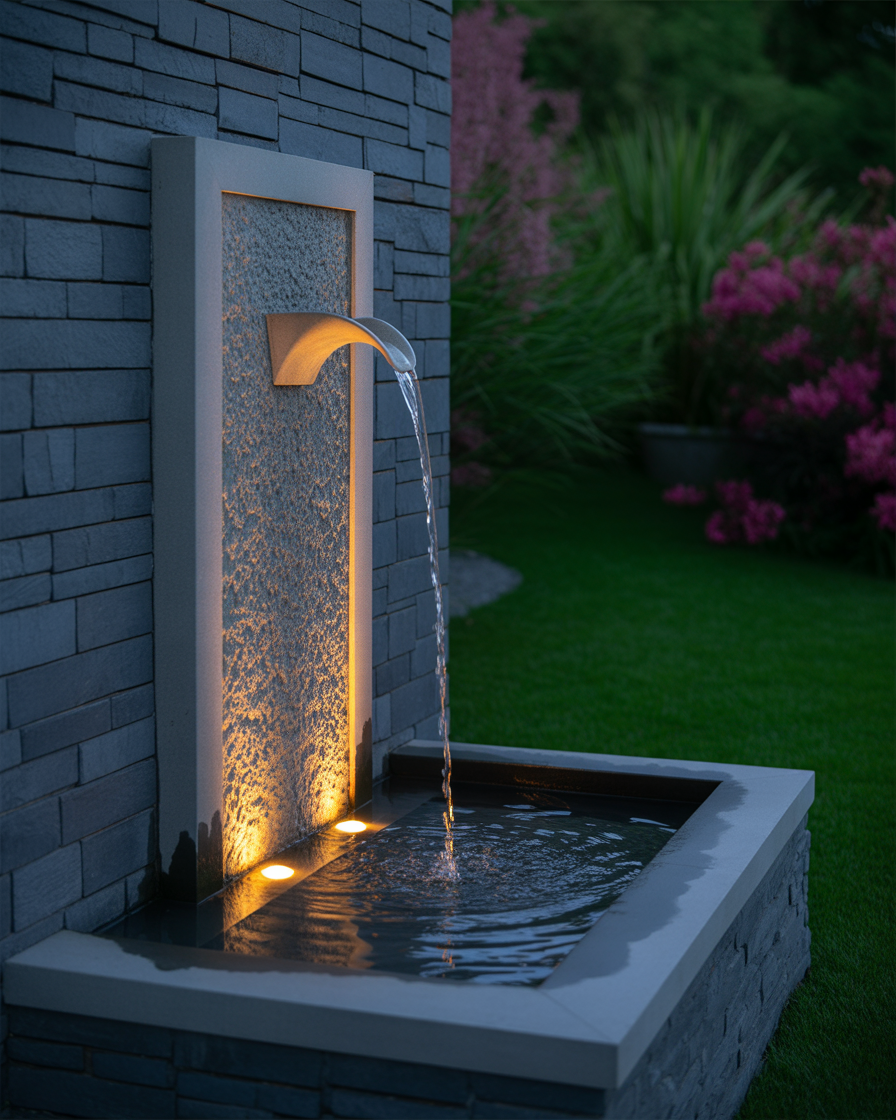 Wall fountain softly lit from below, water shimmering.