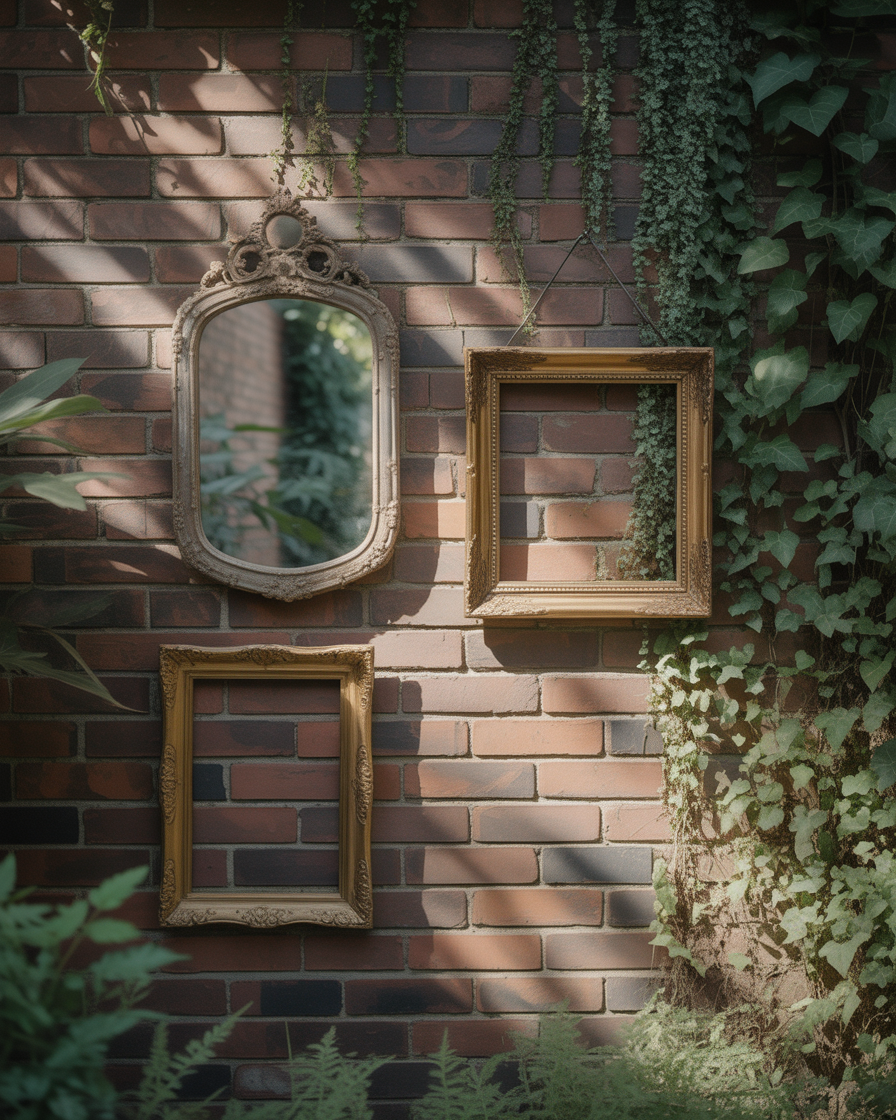  Patina mirror and empty vintage picture frames on old brick garden wall with plants and ivy.