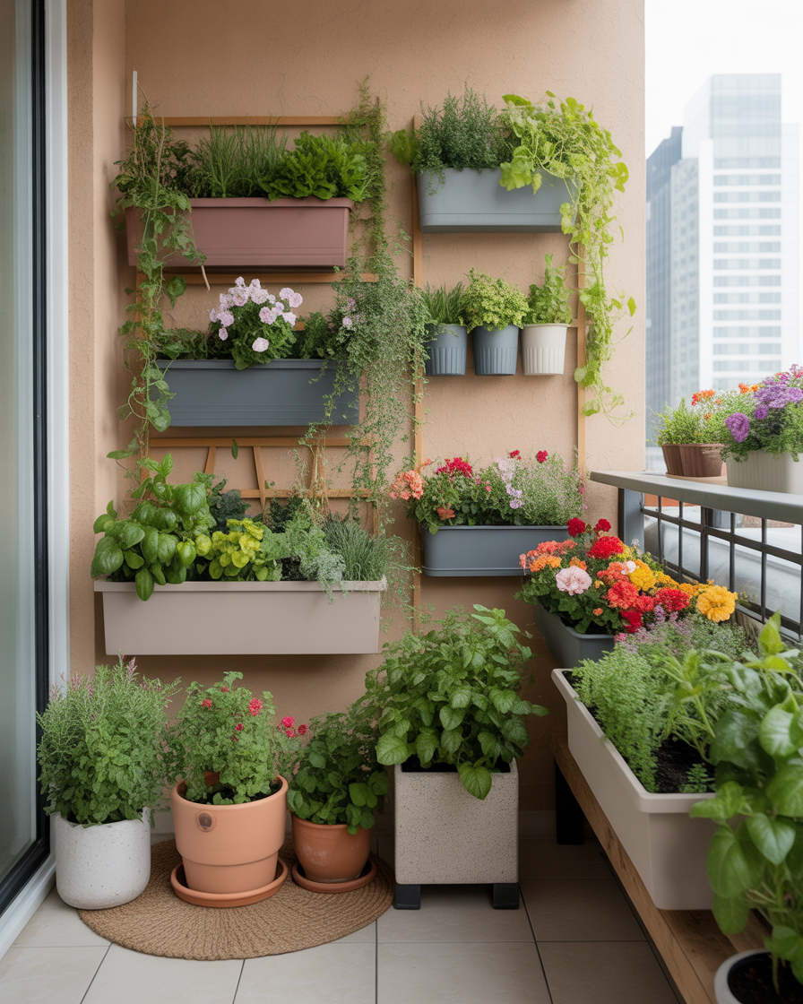  A garden-style balcony filled with potted plants, flowers, and greenery.