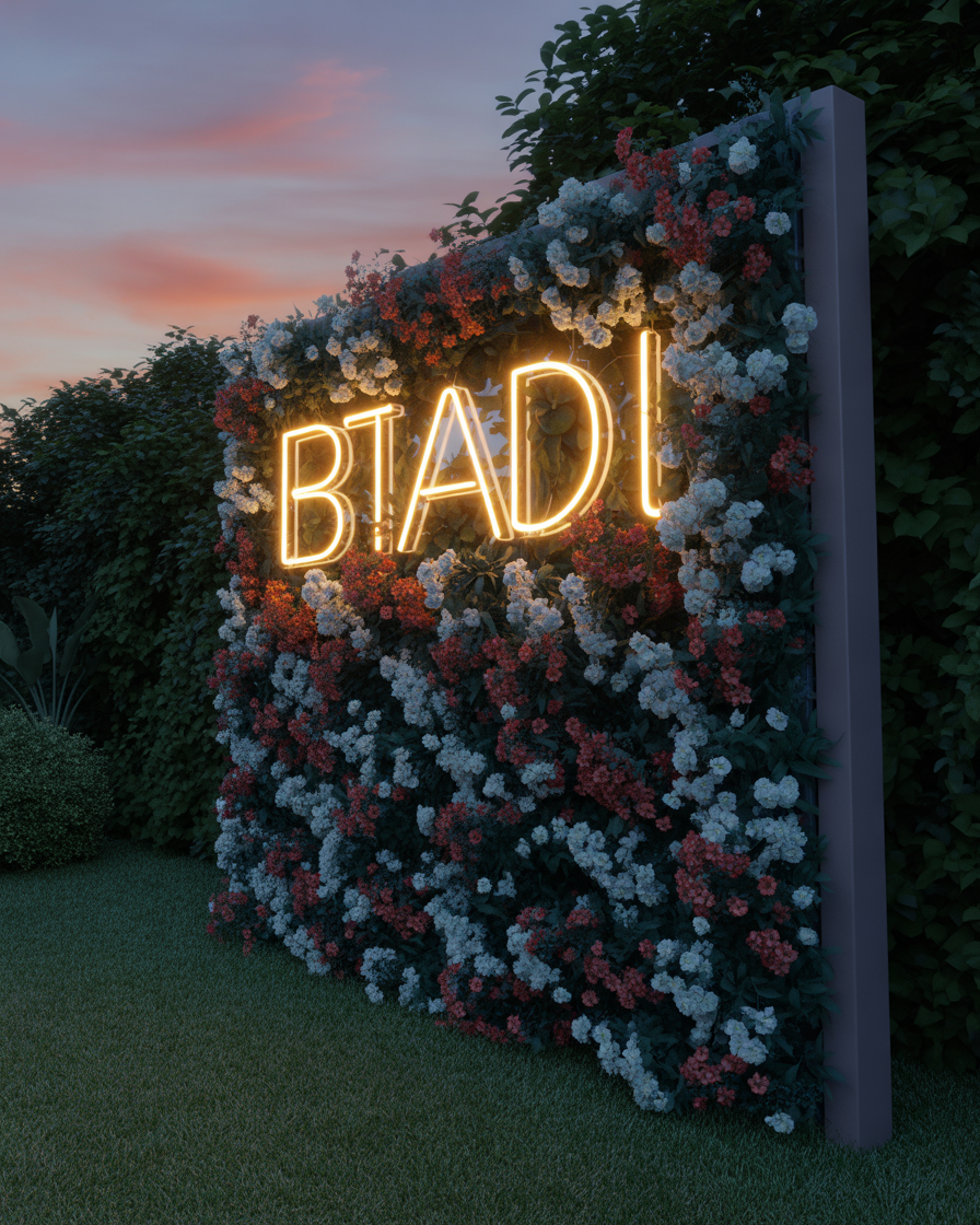 Flower-covered wall with neon feature lighting.