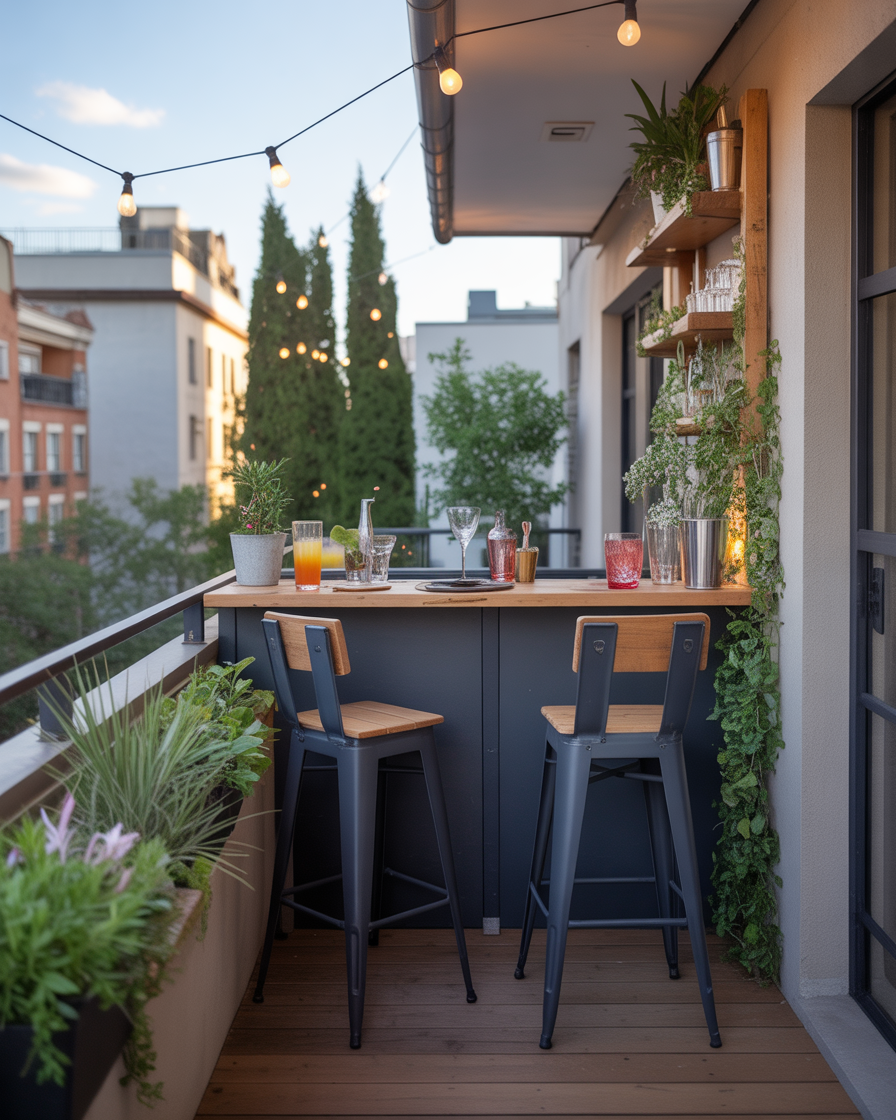 A chic balcony bar setup with stools and a small counter for outdoor drinks.