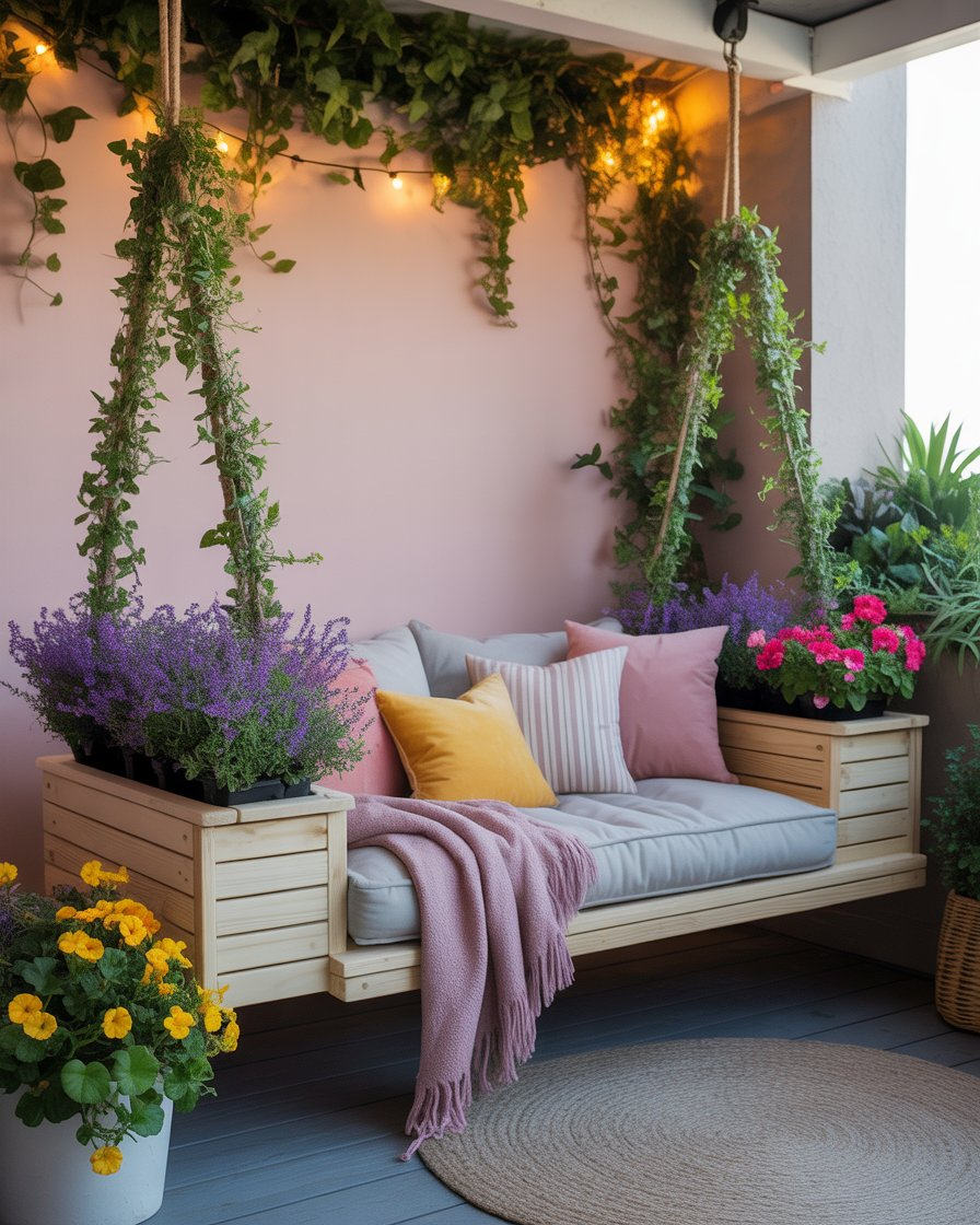Bench swing with side planters filled with colorful flowers in a small patio garden.