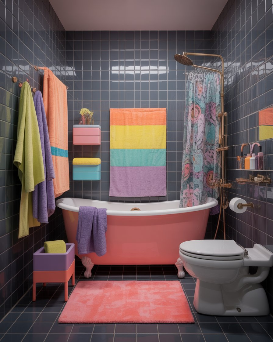 A playful bathroom with soft grey walls and pastel-colored accessories like towels and rugs.