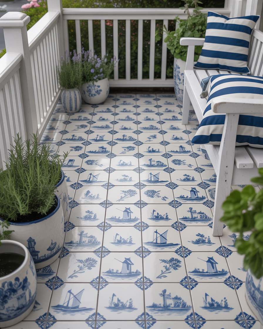  Blue and white Delft-style tile porch with intricate patterns.