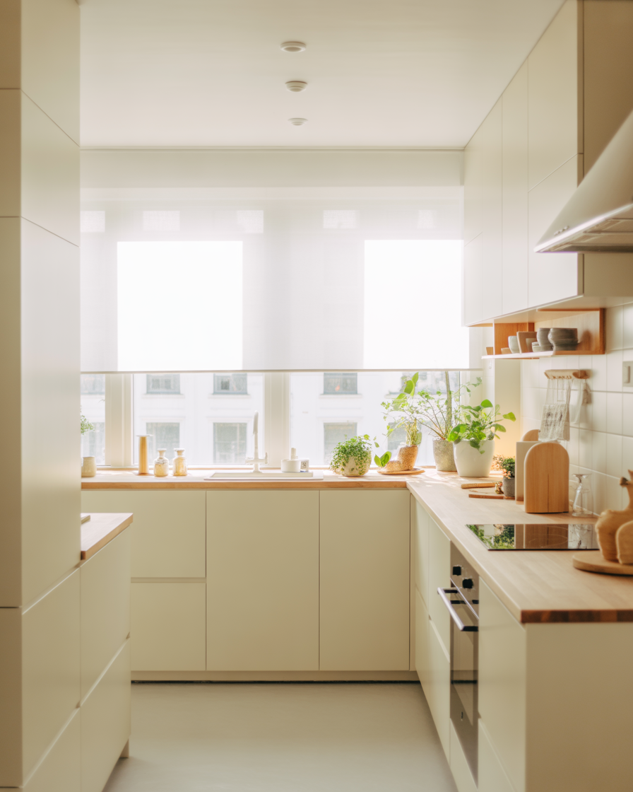 A serene Scandinavian kitchen with white cabinets and light wood accents, designed for simplicity and functionality.