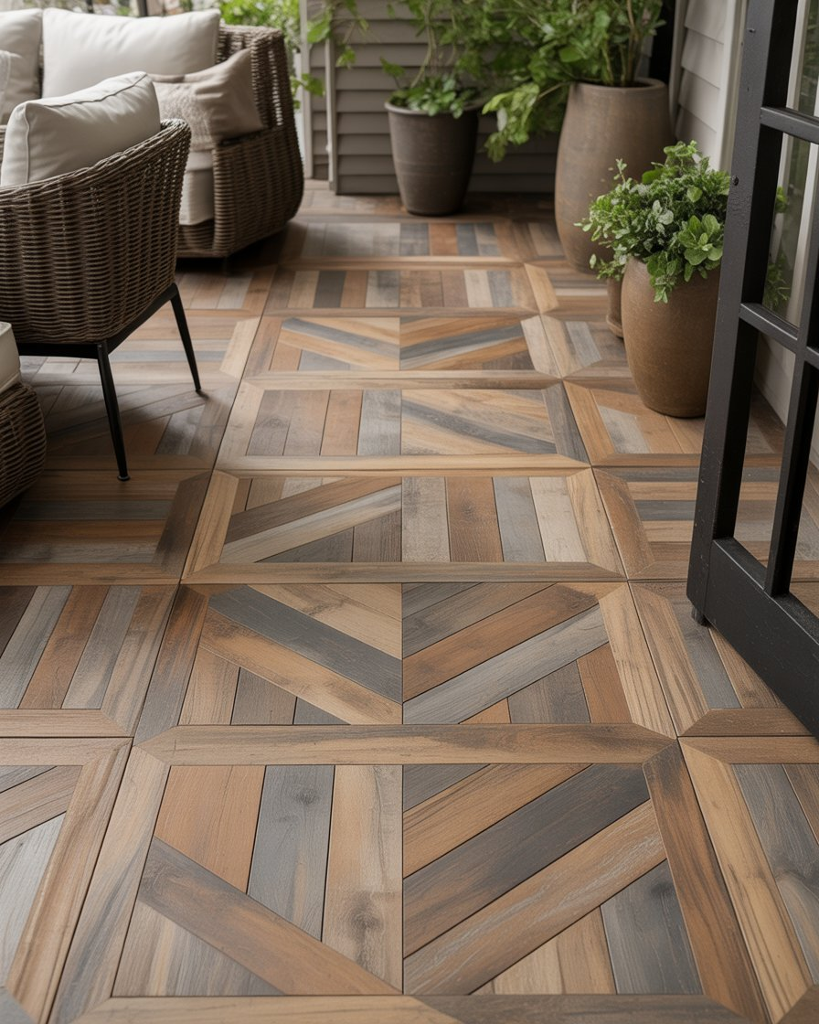 Herringbone wood-look tile porch with natural accents.