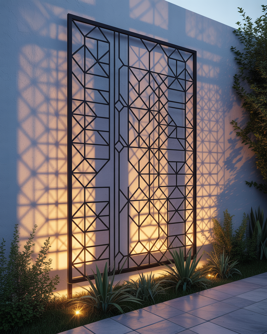 Bold geometric trellis casting decorative shadows at night.
