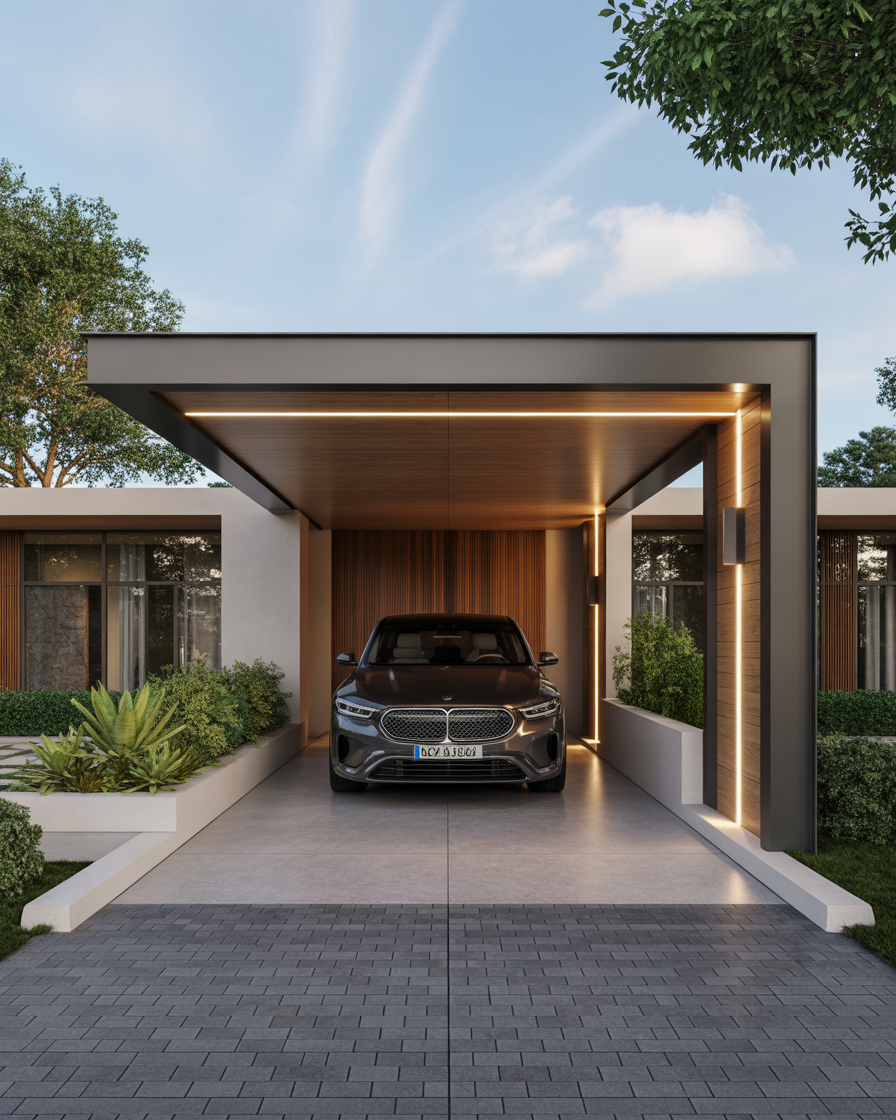 Stone cladding car porch with textured stone design and elegance.