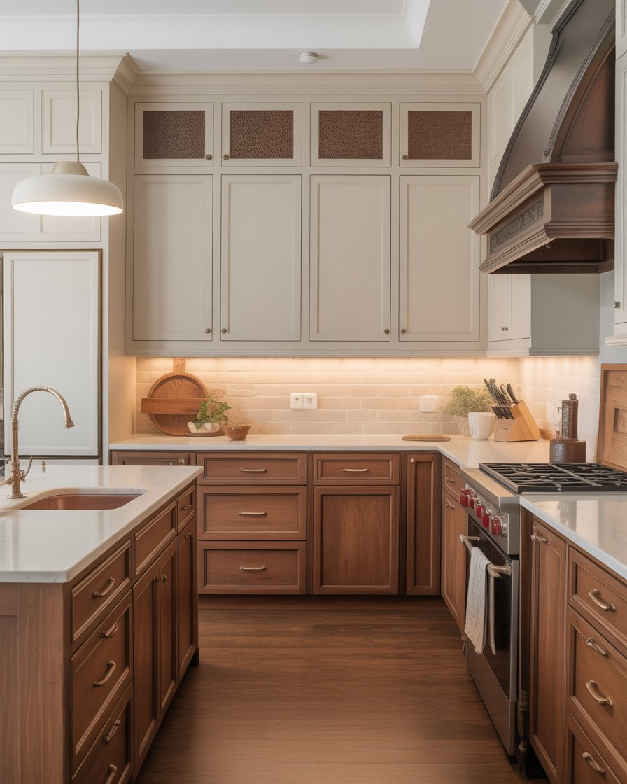 Two-tone brown and cream kitchen with a timeless vibe.