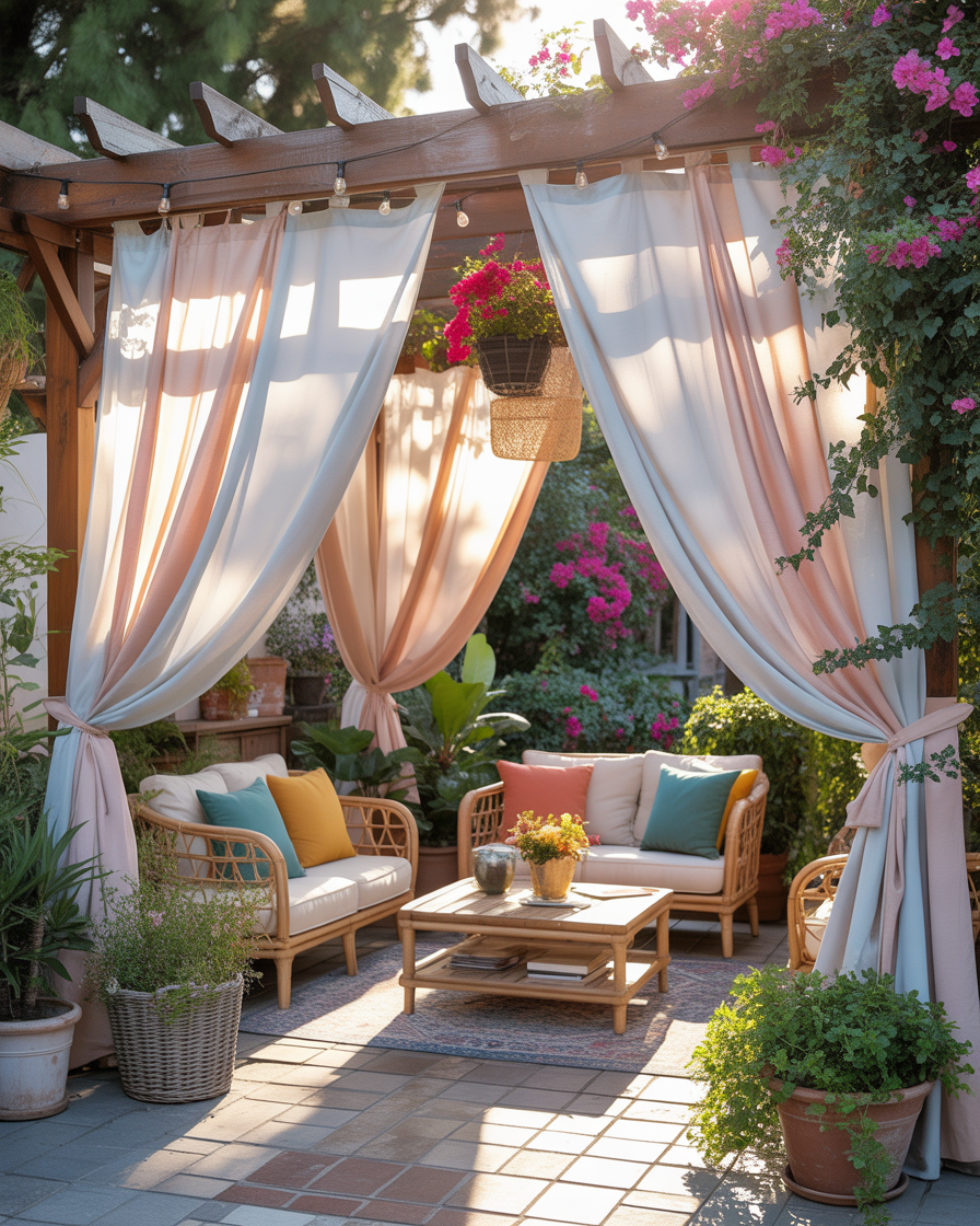 Corner pergola with white outdoor curtains and wicker chairs