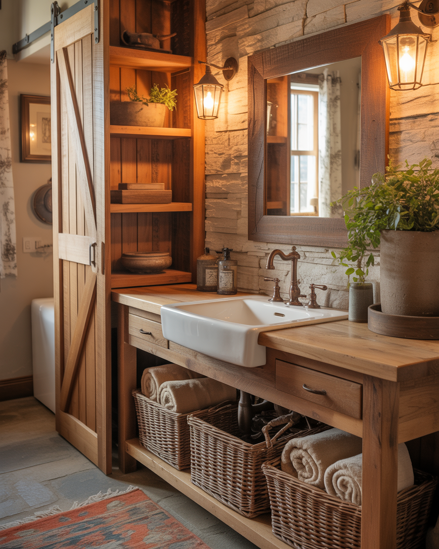 Rustic bathroom with wooden sink counter and farmhouse-style mirror.