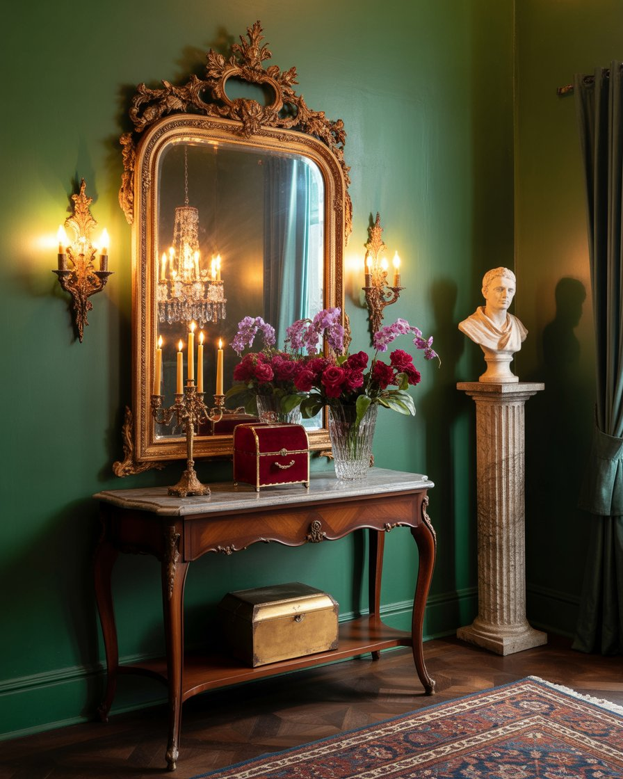Ornate vintage gilded mirror above a classic wooden entryway table.
