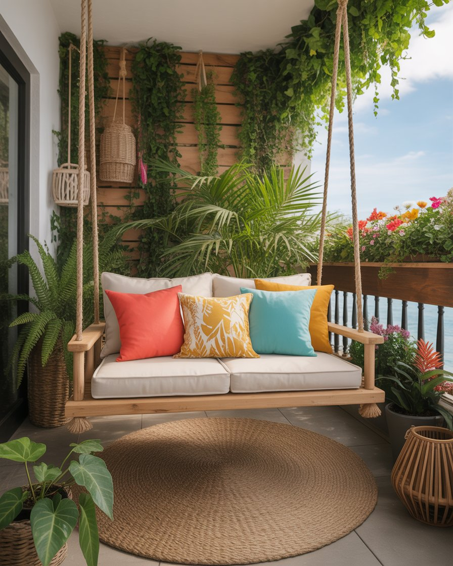 Rope-hung bench swing with white cushions in a tropical patio setting.