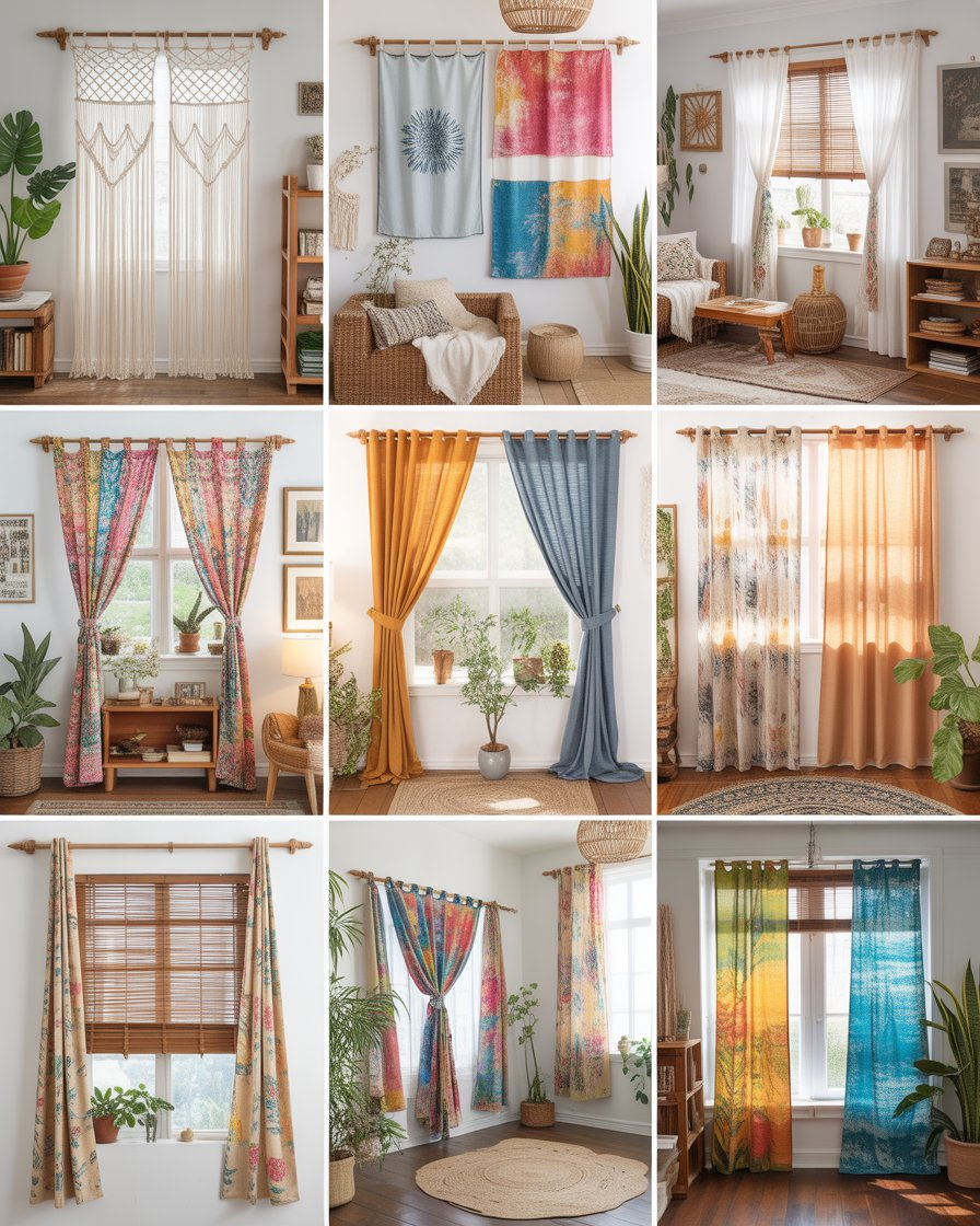 Stylish budget-friendly boho curtains featuring macramé, tie-dye, and patchwork designs, adding texture, color, and personality to a cozy, creative living space.