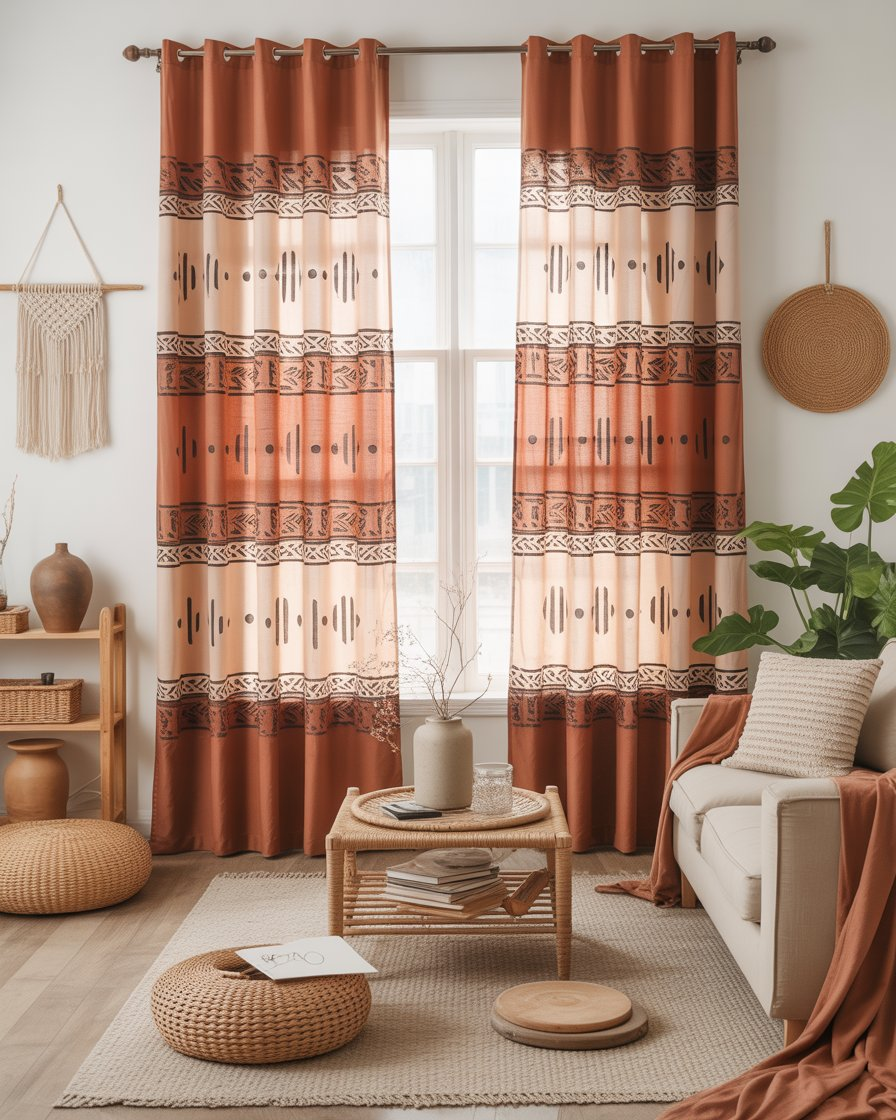 DIY tribal stencil curtains made from painter's drop cloth in a neutral boho interior.