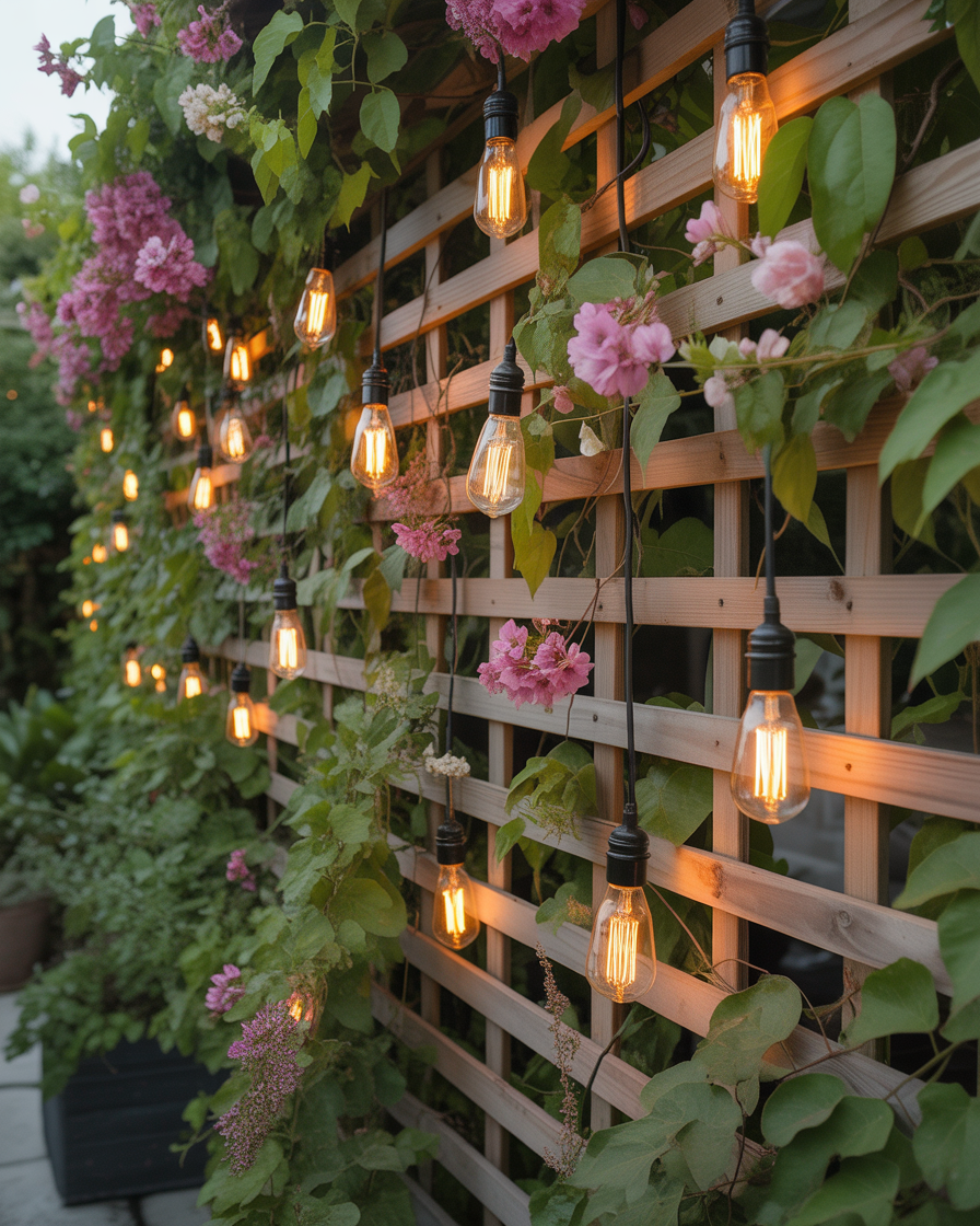 Vine-covered trellis with vintage Edison bulbs glowing.