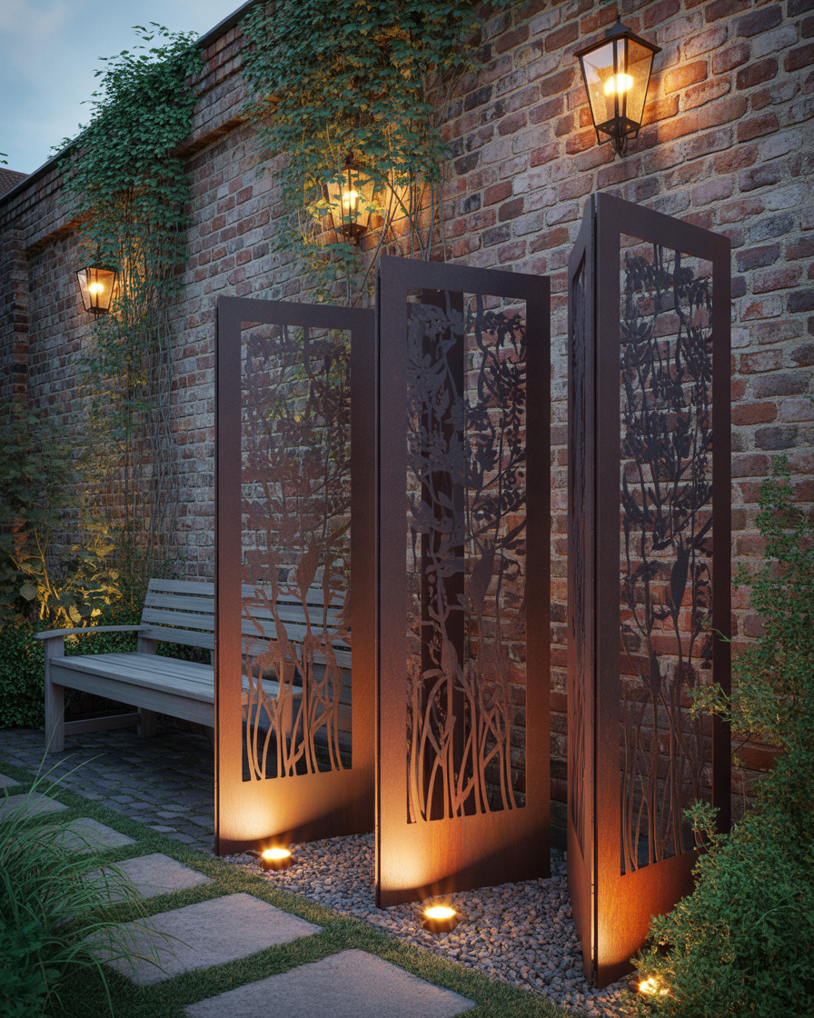 Brick wall outfitted with glowing vintage lanterns.